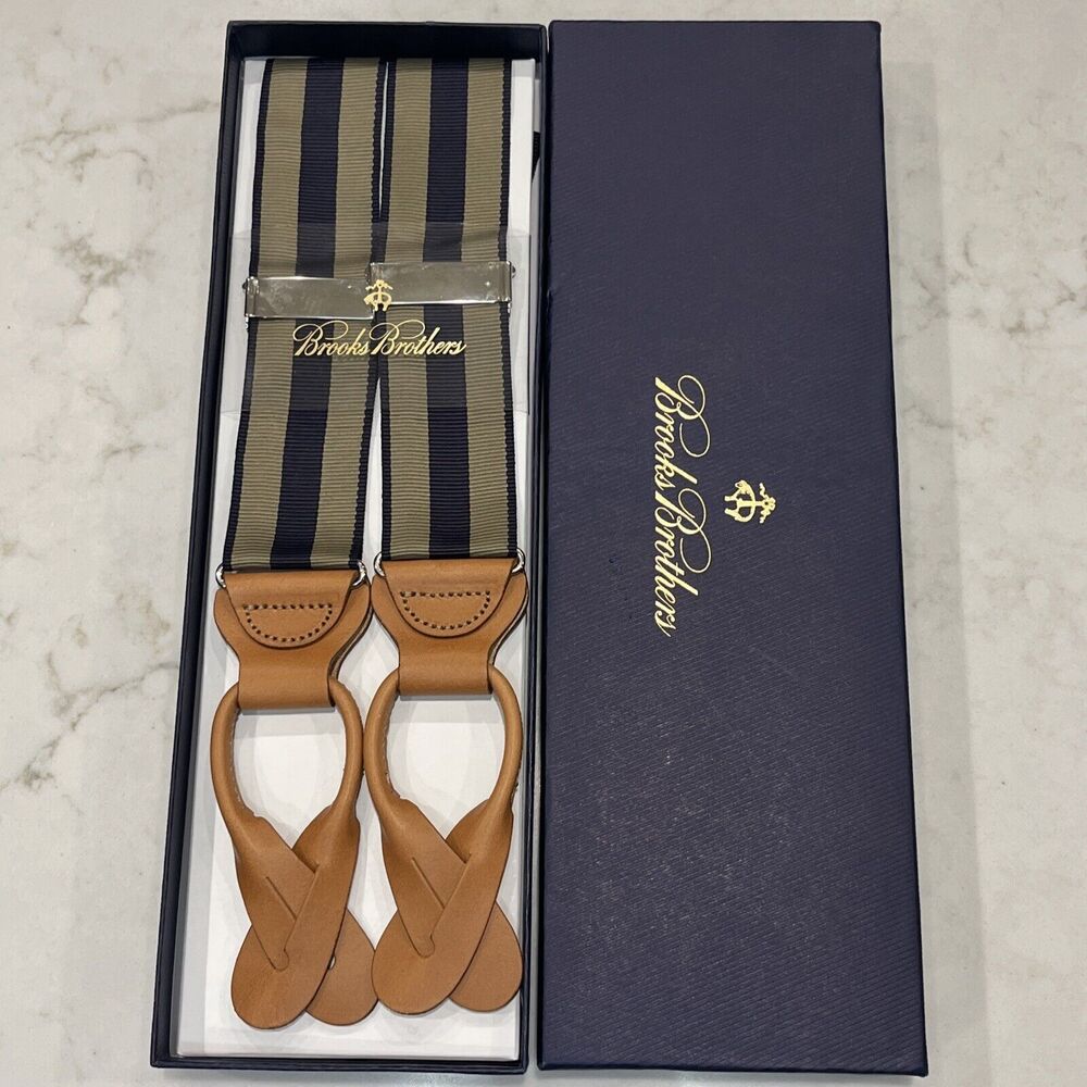 BROOKS BROTHERS NEW Khaki Navy Stripe Nylon‎ Leather Suspenders Silver Tone